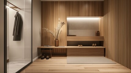 Wall Mural - A hallway with a wooden door and a bench. The bench is next to a rack with a coat on it