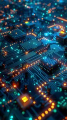 Wall Mural - A high-tech background of glowing circuit boards and electronic components in neon blue and green