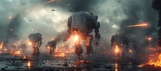 Futuristic battlefield with advanced robots in combat, dark clouds and fire. Generative AI.