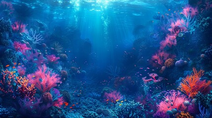 a mysterious background of deep-sea coral reefs with glowing marine life and dark blue waters