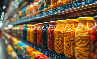 Wall Mural - A shelf of canned goods with a yellow jar of pickles in the middle