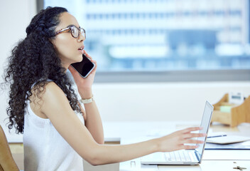 Leinwandbilder - Business woman, networking and phone call for company customers, planning schedule and laptop. Communication, agenda and administration for agency, idea and employee conversation on smartphone