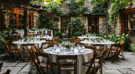 An outdoor wedding venue with color white table linens, wooden chairs around round tables set for the reception, surrounded by lush greenery in front of stone walls. Generative AI.