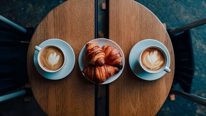 Aerial view of a table with two cups of coffee and a plate of croissants in the middle