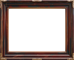 Wooden picture frame with golden elements, on a transparent background