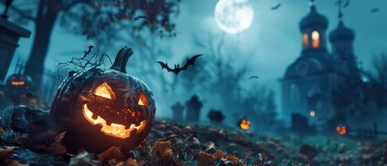 Pumpkin zombie Rising Out Of A Graveyard cemetery and church In Spooky scary dark Night full moon bats on tree. Holiday event halloween banner background concept