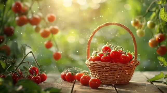 Red cherry tomatoes in a basket on a table in the garden. Perennials with cherry tomatoes hanging above. Beautiful red tomatoes in the canopy on a wooden table in the garden