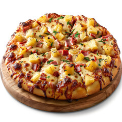 Wall Mural - A pizza with pineapple and ham toppings sits on a wooden board