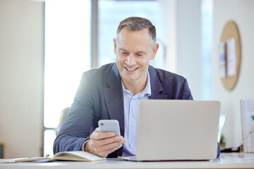 Leinwandbilder - Phone, businessman and reading in office for networking, multitasking and email app. laptop, smartphone and happy entrepreneur on social media for work, research information on website and contact
