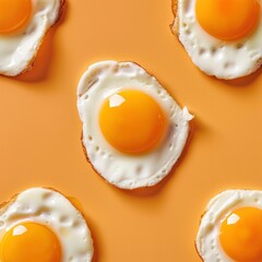 Top view of delicious fried eggs served on a vibrant orange background, creating a visually appealing flat lay composition