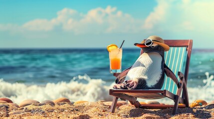 Wall Mural - Cute penguins with a tropical cocktail relax on a sun lounger on the beach. The concept of a vacation at sea.