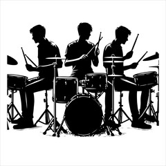 A drummer musician drumming drums in detailed silhouette. Drummer Silhouettes vector