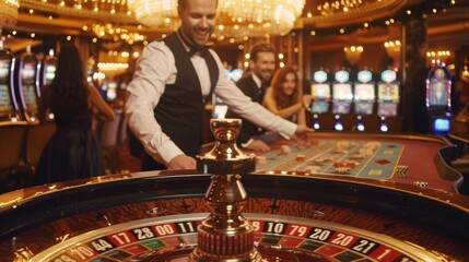 Wall Mural - A vibrant and welcoming banner featuring a luxurious casino atmosphere with classic and modern slot machines, a roulette table, and a live dealer