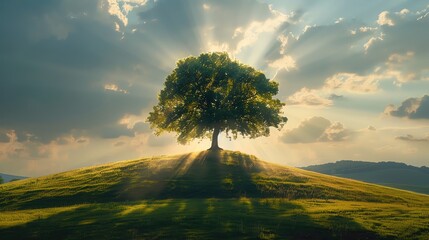 High-detail photograph of a solitary tree on a hill under a sky filled with miraculous light rays