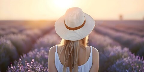 Wall Mural - A woman wearing a hat stands in a sunlit lavender field. Concept Outdoor Photoshoot, Lavender Fields, Woman, Hat, Sunlight