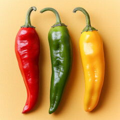 Wall Mural - Three peppers are shown in a row, with one green, one yellow, and one red.