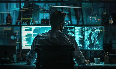 Software developer and a man at computer for coding script or cyber security in office