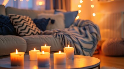 Poster - Stylish sofa and burning candles in modern living room