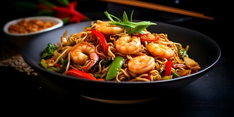 Wall Mural - Japanese Stir-Fried Noodles Delicious Shrimp Yakisoba with Traditional Ingredients. Concept Japanese Cuisine, Shrimp Yakisoba, Stir-Fried Noodles, Traditional Ingredients