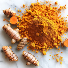 Wall Mural - A pile of ground turmeric and ginger sits on a white surface.