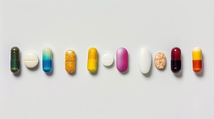 Poster - Variety of pills lined up on white background