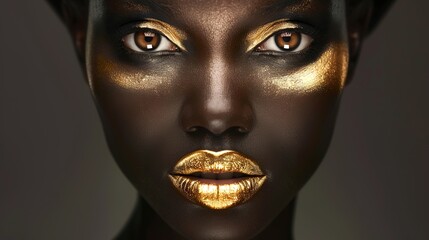 Wall Mural - black woman with golden eyes, flawless makeup, black and gold, beautiful african face art