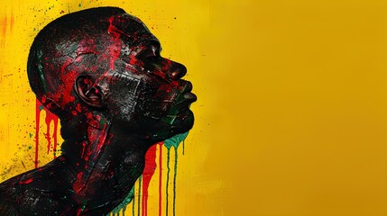 Wall Mural - Profile of a man with face paint in red and green colors on a yellow background. Studio portrait photography. Art and creativity concept. Design for poster, banner, print, and header.