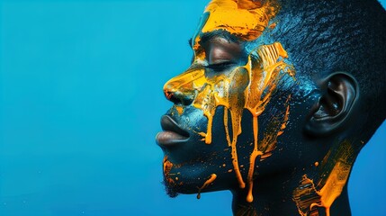 Wall Mural - Profile of a man with face paint in orange colors on a blue background. Studio portrait photography. Art and creativity concept. Design for poster, banner, print, and header.