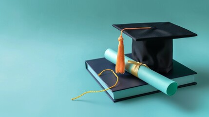 Black Graduation Cap and Diploma on Blue Background