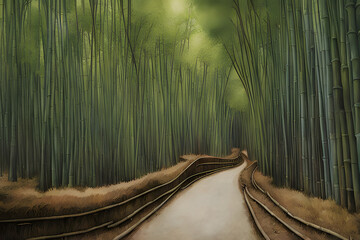 Poster - A path of smooth stones winds its way through a towering bamboo grove. The sunlight filters through the dense canopy, casting dappled patterns on the forest floor. 