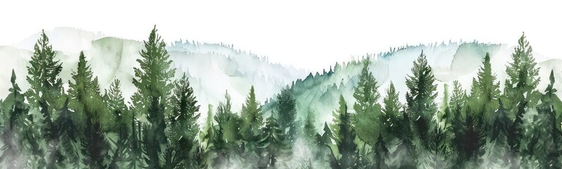 Watercolor Forest tree illustration. Mountain landscape. Woodland pine trees. Green Forest