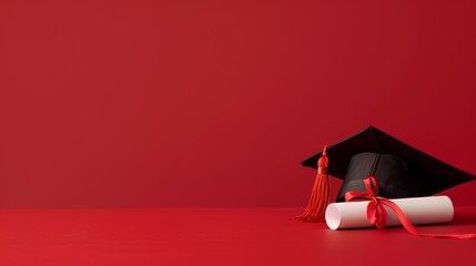 Wall Mural - Black Graduation Cap and Diploma With Red Ribbon on Red Background