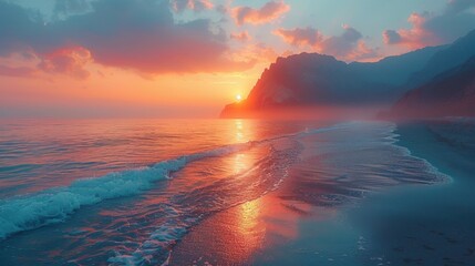 A serene beach scene at sunset, with vibrant orange and pink hues reflecting off the water. Waves gently lap the shore, mountains silhouette in the background, and clouds scatter across the sky.