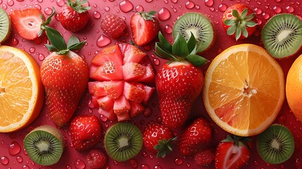 Wall Mural - A vibrant array of fresh fruits and berries, including oranges, kiwi, strawberries, raspberries, and berries.
