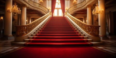 Wall Mural - Glamorous Red Carpet Guides to VIP Staircase Illuminated by Ambient Lighting. Concept Red Carpet Events, VIP Staircases, Glamorous Lighting, Event Planning, Style and Fashion