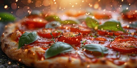 Wall Mural - Delicious Pizza With Tomatoes and Basil on Wooden Board