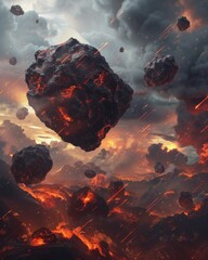 Wall Mural - Apocalyptic scene with floating rocks and flames, creating an ominous atmosphere 