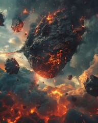 Wall Mural - Apocalyptic scene with floating rocks and flames, creating an ominous atmosphere 