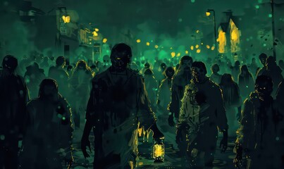 Wall Mural - Zombie crowd walking at night, halloween concept,illustration painting