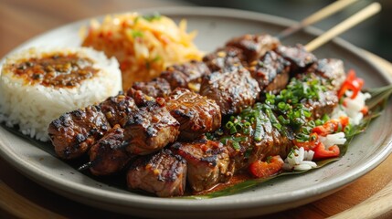 Wall Mural - Grilled Beef Skewers with Rice and Vegetables