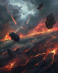 Wall Mural - Apocalyptic scene with floating rocks and flames, creating an ominous atmosphere 