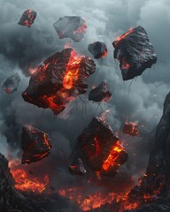 Wall Mural - Apocalyptic scene with floating rocks and flames, creating an ominous atmosphere 