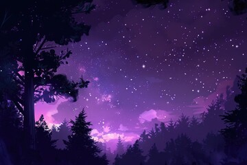 Wall Mural - dark purple sky. night sky with stars above a forest landscape