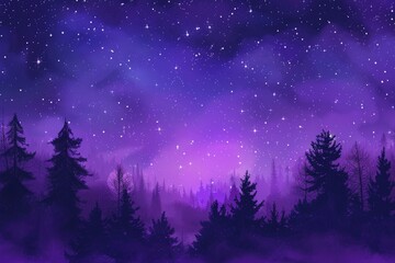 Wall Mural - dark purple sky. enchanting night sky with stars in forest landscape