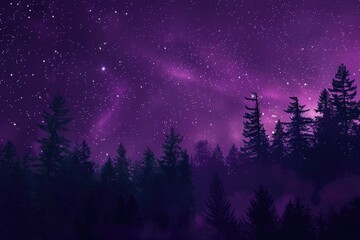 Dark Purple Sky. Night Sky with Stars above Violet Forest Landscape