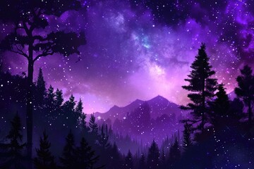 Wall Mural - dark purple sky. stunning night sky with stars above forest landscape
