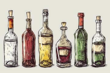 Alcohol Cartoon. Vintage Hand-drawn Bottle Illustration Set in Sketch Style