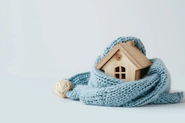 keep warm. concept of winter investment: toy wooden house wrapped in knitted scarf