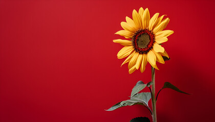 Wall Mural - single bright sunflower against a bold red backdrop