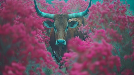Wall Mural -  A bull with large horns grazes in a field of pink flowers He gazes directly at the camera, his horns adorned with long curves